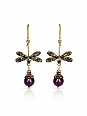 Gold Dragonfly Drop Earrings with Purple Pearl Accent